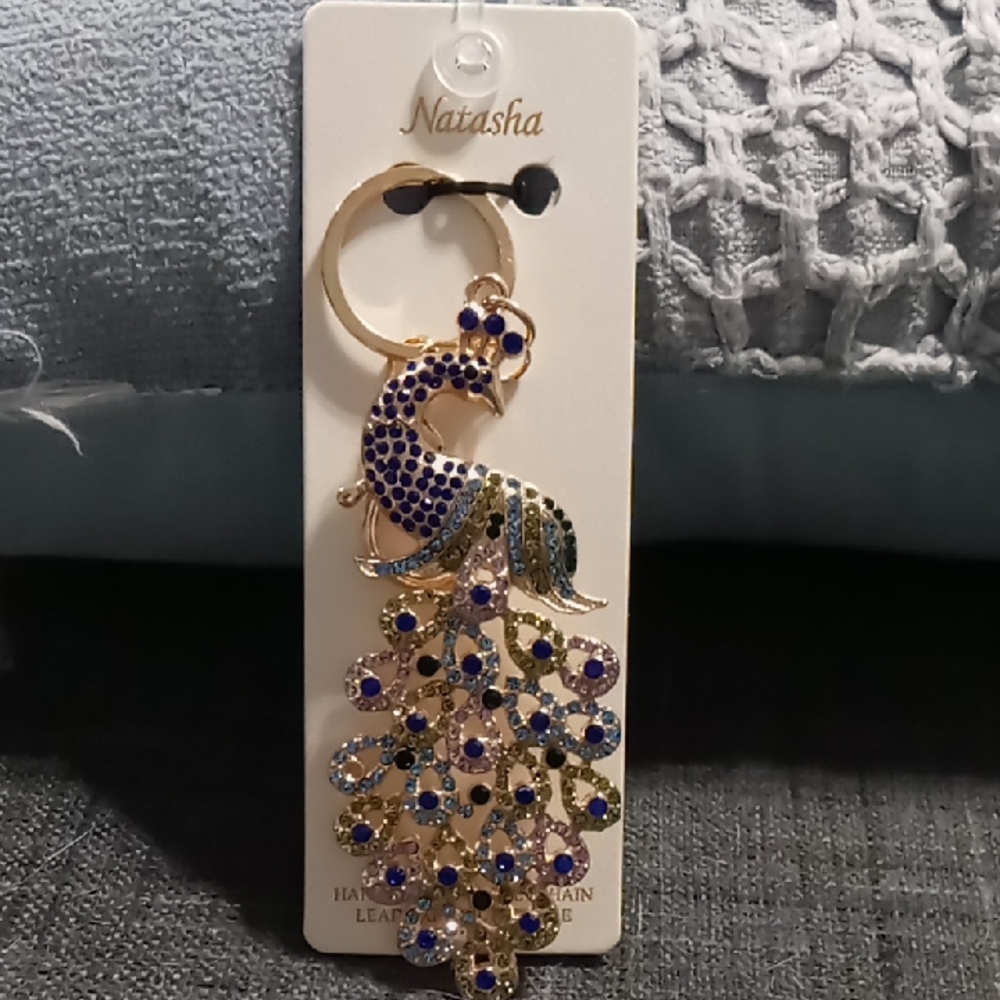 Natasha Couture Gold and Blue Peacock Bag Charm- NWT